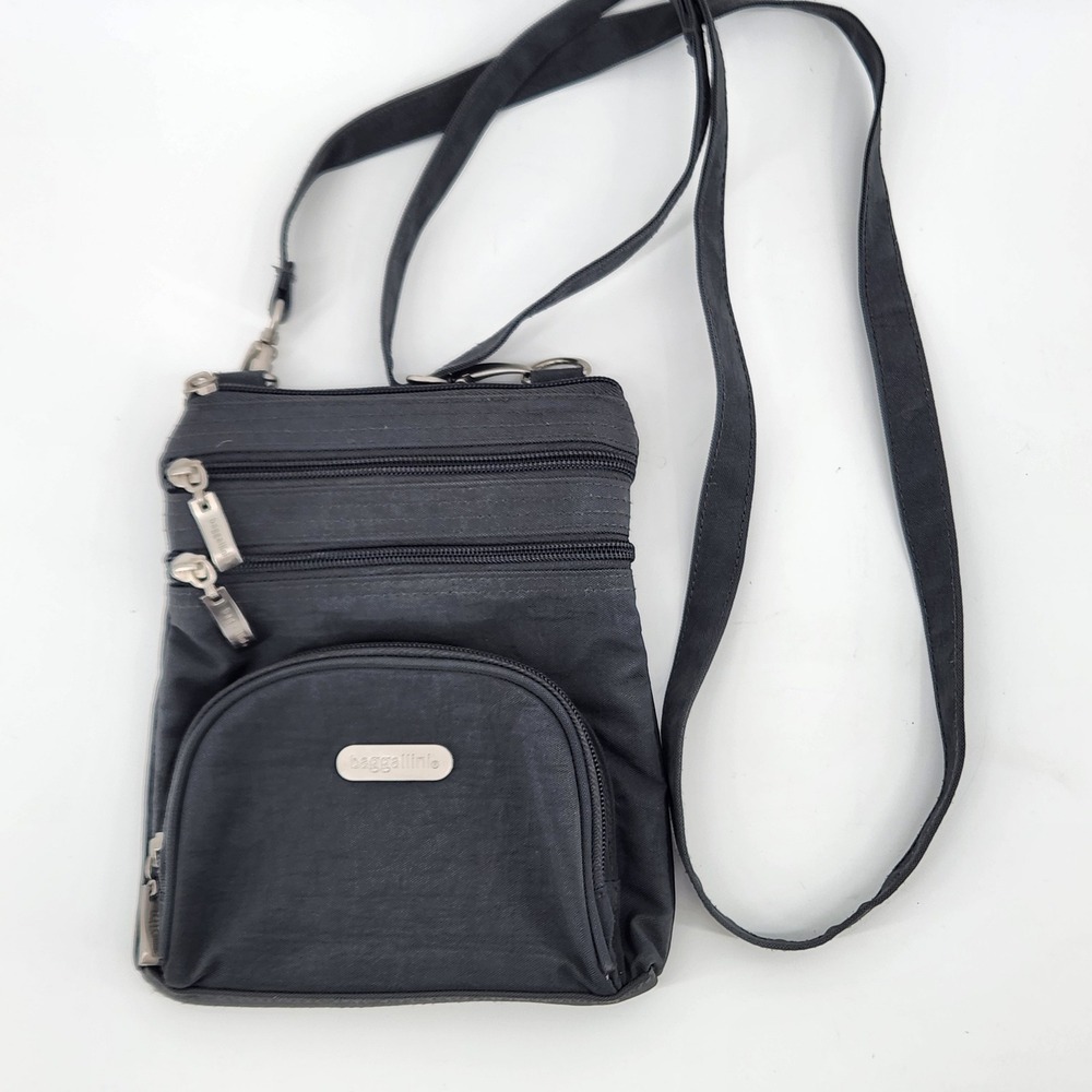 Baggallini Charcoal Gray Nylon Crossbody Travel Bag Pink Lining‎ Multi-Pocket